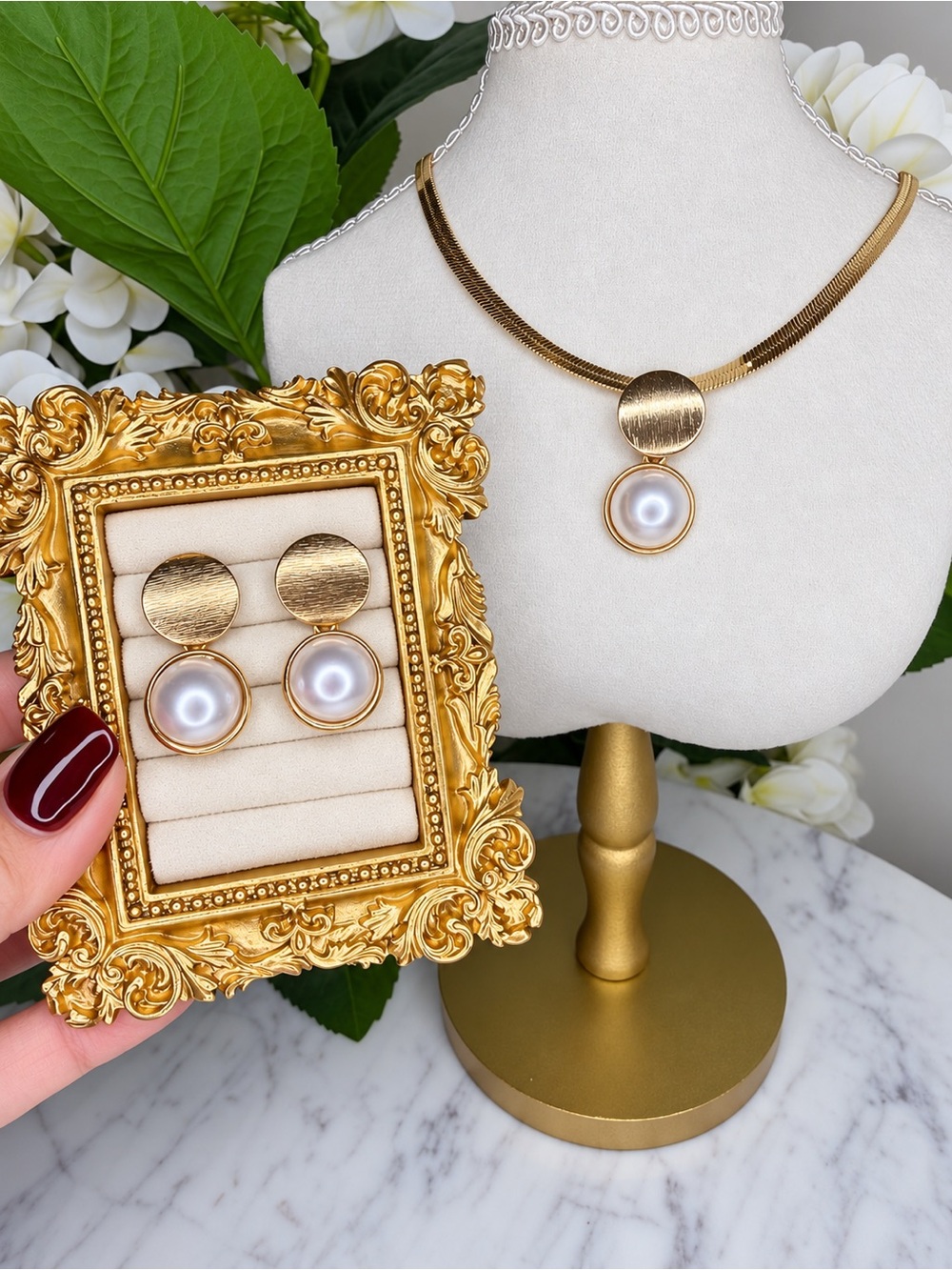 Gold Pearl Pendant Necklace and Stud Earrings Set